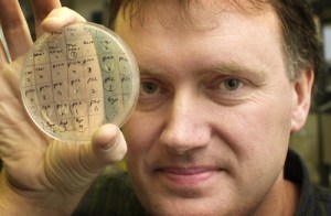 FOR SCIENCE PAGE... Professor Luke O'Neill of the Biotechnology Institute in TCD with clones of the Toll-like receptor 3 gene which is disabled by Pox viruses. Photograph: Frank Miller 5.3.03